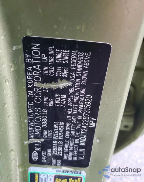 2011 Kia Soul + from USA, damaged, VIN KNDJT2A22B7315920